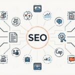 Pessoa brasileira trabalhando em ambiente digital profissional no computador para ilustrar SEO Terms, com tela genérica, mesa organizada e.