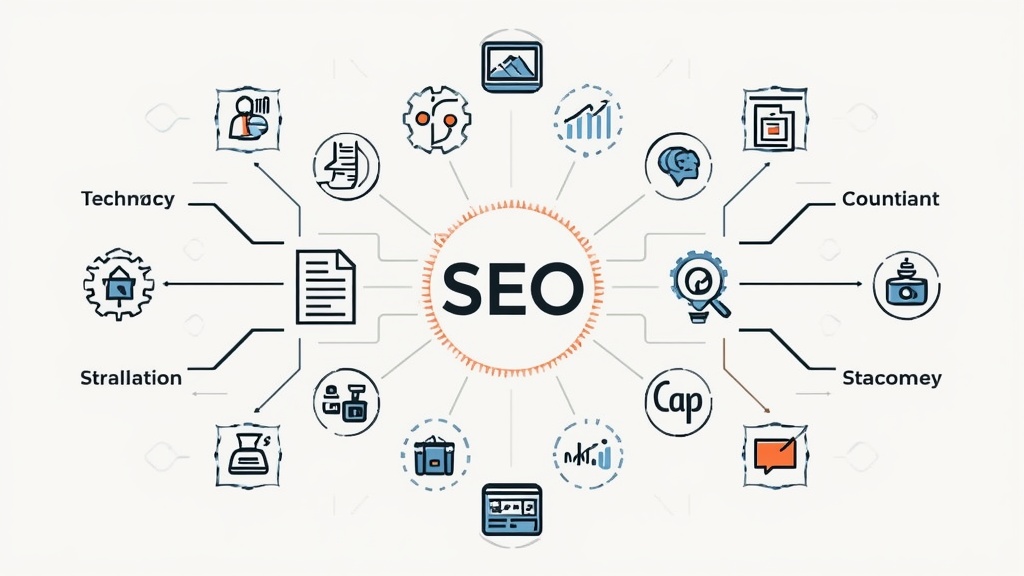 Pessoa brasileira trabalhando em ambiente digital profissional no computador para ilustrar SEO Terms, com tela genérica, mesa organizada e.